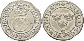 SWEDEN. Karl XI, 1660–1697. 4 Öre 1670 (Silver, 23 mm, 3.29 g, 6 h), Stockholm. DOMINVS PROTECTOR MEVS Crowned C. Rev. ✱FYRA ÖRE SÖLFWER MYNT 1670 Thr...