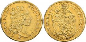 GERMANY. Bayern. Karl Albrecht, 1726-1745. 1/2 Karolin 1730 (Gold, 22 mm, 4.86 g, 12 h), München. C A V B &amp; P S D C P R S R I A &amp; E L L Head o...