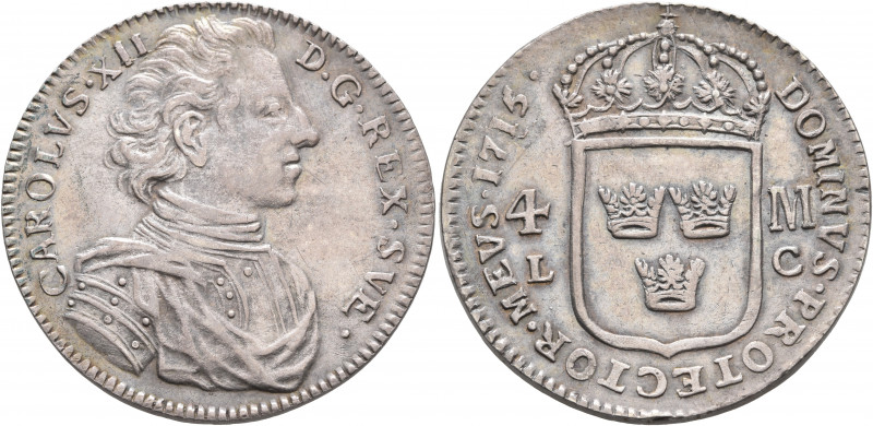 SWEDEN. Karl XII, 1697–1718. 4 Mark 1715 (Silver, 36 mm, 20.58 g, 12 h), Stockho...