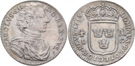 SWEDEN. Karl XII, 1697–1718. 4 Mark 1715 (Silver, 36 mm, 20.58 g, 12 h), Stockholm CAROLVS XII D G REX SVE Cuirassed bust of Karl XII to right. Rev. D...