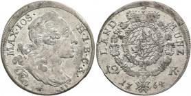 GERMANY. Bayern. Maximilian III Joseph, 1745-1777. 12 Kreuzer 1764 (Silver, 25 mm, 4.22 g, 12 h), München MAX IOS H I B C &amp; Draped bust of Max Jos...