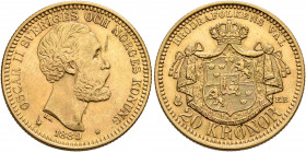 SWEDEN. Oscar II, 1872–1907. 20 Kronor 1889 (Gold, 23 mm, 9.00 g, 12 h), Stockholm. OSCAR II SVERIGES OCH NORGES KONUNG Head of Oscar II to right, 188...