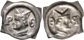 SWITZERLAND. Basel, Bistum. Peter II. von Aspelt, 1296-1306. Vierzipfliger Pfennig (Silver, 19 mm, 0.37 g). Mitred bishop's head left between P-E. Rev...