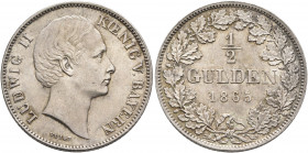 GERMANY. Bayern. Ludwig II, 1864-1886. 1/2 Gulden 1865 (Silver, 24 mm, 5.27 g, 12 h). LUDWIG II KOENIG VON BAYERN Head of Ludwig II to right, VOIGT be...