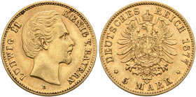 GERMANY. Bayern. Ludwig II, 1864-1886. 5 Mark 1877 (Gold, 17 mm, 1.98 g, 12 h), München. LUDWIG II KOENIG VON BAYERN Head of Ludwig II. right, D below...