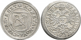 SWITZERLAND. Graubünden. Chur. 3 Kreuzer (Groschen) 1631 (Silver, 21 mm, 1.79 g, 12 h). ✱MONETA NOVA CVRIAE RHET Undecorated shield. Rev. ✱FERD II D G...
