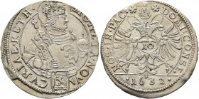 SWITZERLAND. Graubünden. Chur. 10 Kreuzer 1632 (Silver, 28 mm, 4.58 g, 6 h). MONETA NOVA CVRIAE RETH Cuirassed, nimbate and crowned bust of St. Lucius...