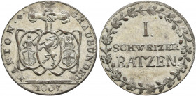 SWITZERLAND. Graubünden. Kanton. Batzen 1807 (Silver, 24 mm, 2.73 g, 6 h) KANTON GRAUBÜNDEN Three shields hanging from three joined hands, 1807 below....