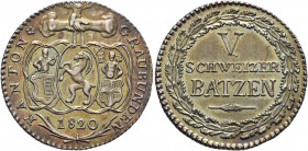 SWITZERLAND. Graubünden. Kanton. 5 Batzen 1820 (Silver, 26 mm, 4.57 g, 6 h). KANTON GRAUBÜNDEN Three shields hanging from three joined hands, 1820 and...