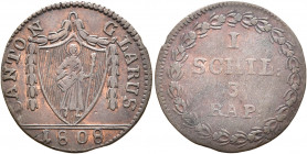 SWITZERLAND. Glarus. Schilling 1808 (Bronze, 19 mm, 1.13 g, 12 h). CANTON GLARUS Shield decorated with garland, 1808 below. Rev. I / SCHILL: / 3 / RAP...