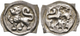 SWITZERLAND. Laufenburg. 1250-1300. Vierzipfliger Pfennig (Silver, 18 mm, 0.32 g). Lion walking left. Rev. Incuse of obverse. Wiel. Laufenburg 8. Beau...