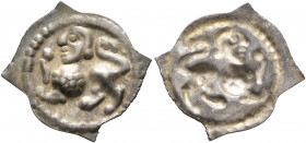 SWITZERLAND. Laufenburg. 1250-1300. Vierzipfliger Pfennig (Silver, 18 mm, 0.37 g). Lion with human head walking left. MZ 1-119. Wiel.Laufenburg 14. Ni...