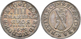 GERMANY. Braunschweig-Calenberg-Hannover. Johann Friedrich, 1665-1679. 4 Mariengroschen 1679 (Silver, 22 mm, 2.30 g, 6 h), Clausthal. ✱IOAN FRID D G D...