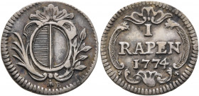 SWITZERLAND. Luzern. Stadt. Rappen 1774 (Silver, 16 mm, 1.15 g, 6 h), offstrike in silver. City shield between palm and laurel branch, bee and B below...