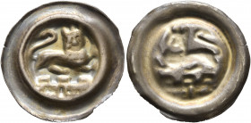 GERMANY. Braunschweig-Lüneburg. Otto IV, 1195-1218. Bracteate (Silver, 21 mm, 0.53 g), Lüneburg. Crowned lion walking right, head facing, wall with ga...