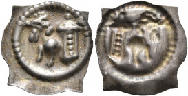SWITZERLAND. Schaffhausen. 14th century. Vierzipfliger Pfennig (Silver, 19 mm, 0.38 g). Ram jumping left out of a tower, all within pearl ring. Rev. I...