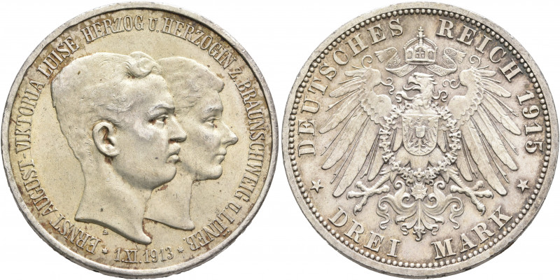 GERMANY. Braunschweig-Lüneburg. Ernst August, 1913-1918. 3 Mark 1915 (Silver, 33...