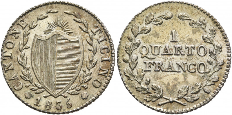 SWITZERLAND. Tessin (Ticino). Kanton. 1/4 Franken 1835 (Silver, 20 mm, 2.29 g, 6...