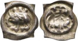 GERMANY. Breisgau. Herren von Staufen, 1300-1350. Vierzipfliger Pfennig (Silver, 19 mm, 0.39 g), Münster. Elephant walking to left, carrying a castle....