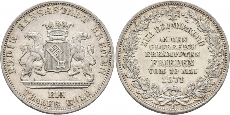 GERMANY. Bremen (Stadt). Taler 1871 (Silver, 33 mm, 17.53 g, 12 h), on the peace...