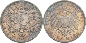 GERMANY. Bremen (Stadt). 5 Mark 1906 (Silver, 38 mm, 27.82 g), Hamburg. FREIE HANSESTADT BREMEN Crowned city shield between two lions, J below. Rev. D...