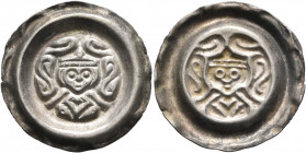 GERMANY. Donauwörth (königliche Münzstatte). Konradin, 1254-1259. Bracteate (Silver, 21 mm, 0.79 g). Crowned bust of Konradin facing between floral or...