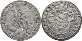 TRANSYLVANIA. Sigismund Báthory, 1581-1597 and 1599-1602. Taler 1595 (Silver, 40 mm, 28.94 g, 12 h), Nagybánya. SIGISMVNDVS BATHORI Cuirassed half-len...