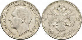 YUGOSLAVIA. Kraljevina (Kingdom). Aleksandar I Karađorđević, 1921/9-1934. 50 Dinara 1932 (Silver, 36 mm, 23.13 g, 6 h). Head of Alexander I to left. R...
