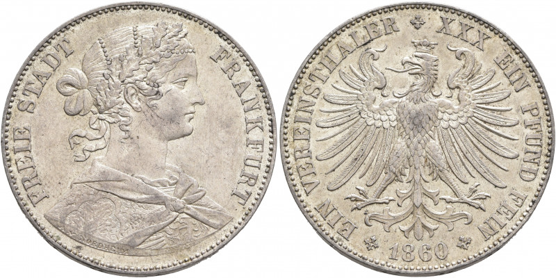 GERMANY. Frankfurt (Stadt). Vereinstaler 1860 (Silver, 33 mm, 18.52 g, 12 h). FR...