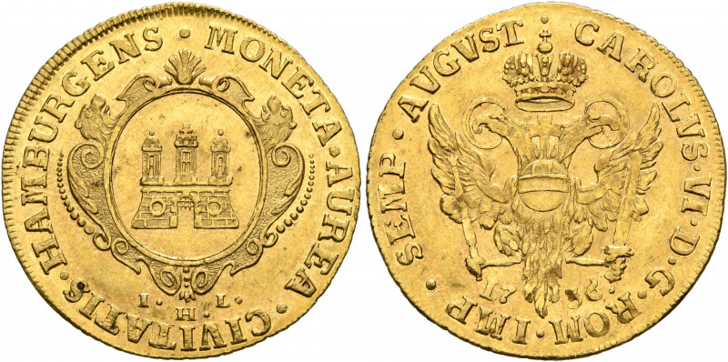 GERMANY. Hamburg. Dukat 1736 (Gold, 24 mm, 3.49 g, 12 h). MONETA AUREA CIVITATIS...