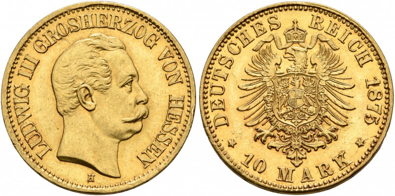 GERMANY. Hessen. Ludwig III, 1848-1877. 10 Mark 1875 (Gold, 19 mm, 4.00 g, 12 h)...