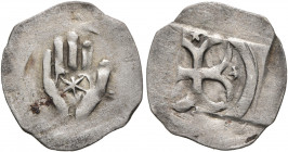 GERMANY. Isny. After 1365. Heller (Silver, 15 mm, 0.36 g). Open hand with six-pointed star on palm. Rev. Cross fourchée with five-pointed stars at end...