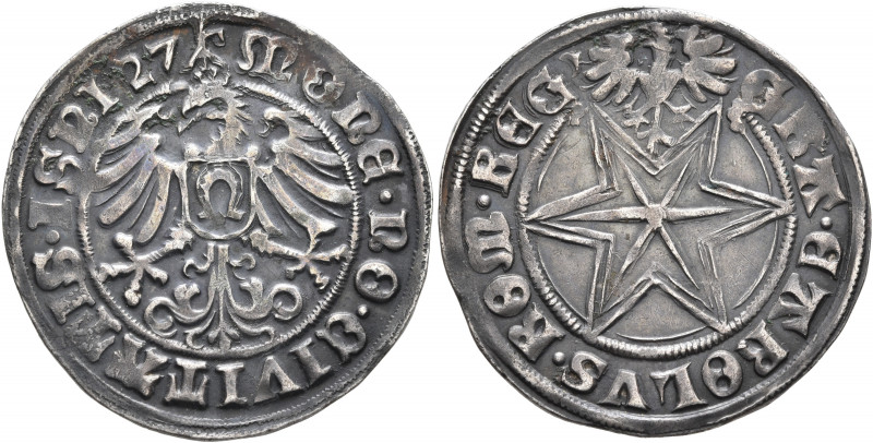 GERMANY. Isny. Batzen 1527 (Silver, 27 mm, 3.27 g, 3 h). MONE NO CIVITATIS ISNI ...