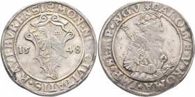 GERMANY. Kaufbeuren. Taler 1548 (Silver, 40 mm, 28.83 g, 12 h). MON NO CIVITATIS KAVFBVRENSI City shield between 15-48. Rev. CAROLVS V ROMA IMP SEMP A...