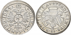 GERMANY. Kempten. 2 Kreuzer 1624 (Silver, 18 mm, 1.00 g, 12 h). MON NO CI CAMPIDO 1624 Crowned double eagle, orb with value 2 on its chest. Rev. ✱FERD...