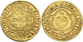 GERMANY. Köln (Stadt). 1475-1511. Goldgulden (Gold, 23 mm, 3.22 g, 7 h). MO CIVITAT COLON Christ, nimbate, seated facing on decorated throne, raising ...