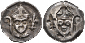 GERMANY. Konstanz (Bistum). Eberhard II. von Waldburg, 1248-1274. 1/2 Pfennig (Silver, 13 mm, 0.17 g), struck from a Pfennig die. Mitred head of a bis...