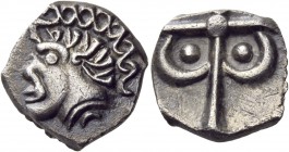 Southern Gaul. Tolostates. Circa 52 BC. Drachm (Silver, 15 mm, 2.57 g, 7 h), "drachme à la tête négroïde". Stylized male head to left. Rev. Stylized c...