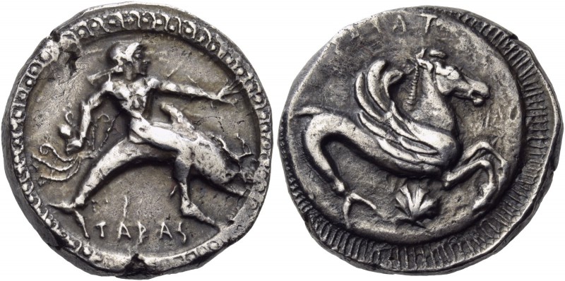 Calabria. Tarentum. Circa 500-490 BC. Stater (Silver, 19 mm, 8.05 g, 10 h). ΤΑΡA...