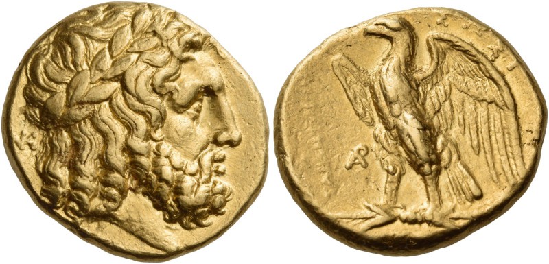 Calabria. Tarentum. Circa 280 BC. Stater (Gold, 17 mm, 8.53 g, 5 h). Laureate an...