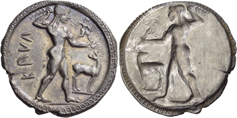 Bruttium. Kaulonia. Circa 525-500 BC. Stater (Silver, 30 mm, 8.33 g, 12 h). ΚΑVΛ...