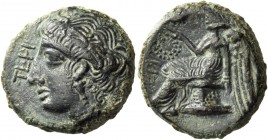 Bruttium. Terina. Circa 350-275 BC. Chalkous (Bronze, 15 mm, 3.48 g, 11 h). TEPI Head of Nymph to right, wearing reed wreath and a pendant earring. Re...