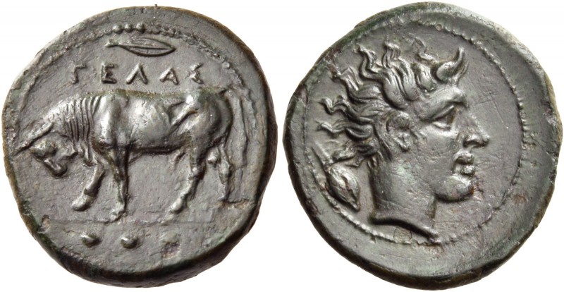 Sicily. Gela. Circa 420-405 BC. Tetras (Bronze, 16 mm, 3.48 g, 5 h). ΓΕΛΑΣ Bull ...