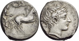 Sicily. Katane. Circa 420 BC. Tetradrachm (Silver, 24 mm, 16.98 g), with a reverse die signed by the ”Maestro della foglia”, but almost entirely off t...