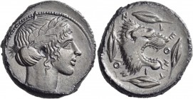 Sicily. Leontinoi. Circa 450-440 BC. Tetradrachm (Silver, 27 mm, 16.74 g, 4 h). Laureate head of Apollo to right. Rev. ΛΕ-ΟΝ-ΤΙ-ΝΟ-Ν Head of a lion wi...