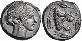 Sicily. Leontinoi. Circa 450-440 BC. Tetradrachm (Silver, 27 mm, 16.77 g, 9 h). Laureate head of Apollo to right. Rev. ΛΕΟ-ΝΤ-Ι-ΝΟ-Ν Head of a lion wi...