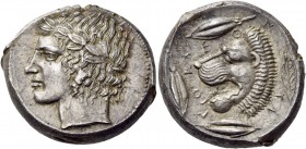 Sicily. Leontinoi. Circa 430-425 BC. Tetradrachm (Silver, 25 mm, 17.50 g, 9 h), with a reverse die signed by the ”Maestro della foglia”. Laureate head...