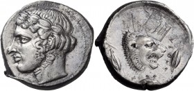 Sicily. Leontinoi. Circa 430-425 BC. Tetradrachm (Silver, 27 mm, 16.63 g, 8 h). Laureate head of Apollo to left. Rev. VEONTI - NON Small lion's head w...
