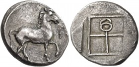 Kings of Macedon. Alexander I, 498-454 BC. Tetrobol (Silver, 14 mm, 2.23 g, 4 h), light thraco-macedonian standard, Aigai, Circa 476/5-460 BC. Horse s...