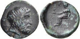 Thessaly. Dia. Mid 4th century BC. Chalkous (Bronze, 16 mm, 2.23 g, 7 h). Head of Zeus right, wearing tainia; thunderbolt behind neck. Rev. ΔIA–ΩИ Her...